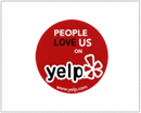 A red yelp button with the words " people love us on yelp ".