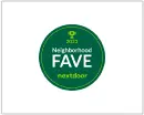 A green badge with the words " neighborhood fave nextdoor."